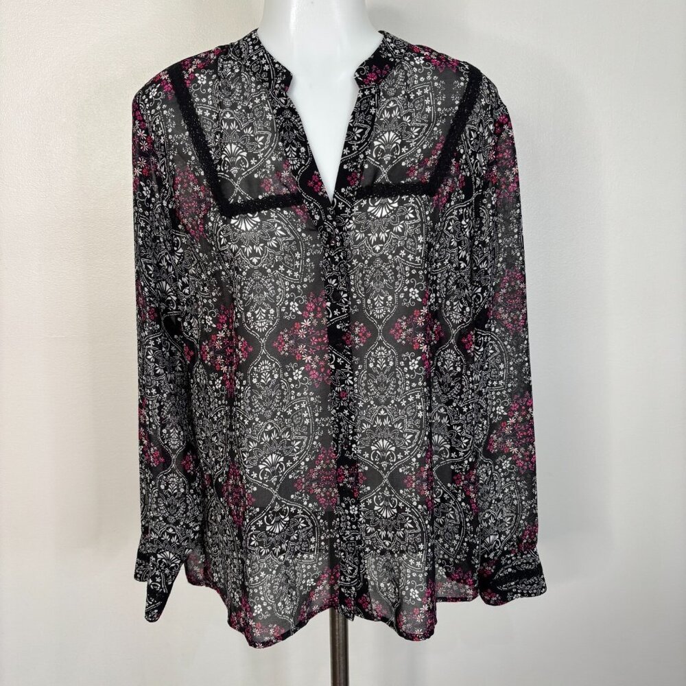 Kut from the Kloth Top‎ Medium Black Pink Sheer Long Sleeve Blouse Women's